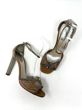 Rene Caovilla Beige Gold Silver Crystal Rhinestone Heels Shoes Sandals Pumps 38